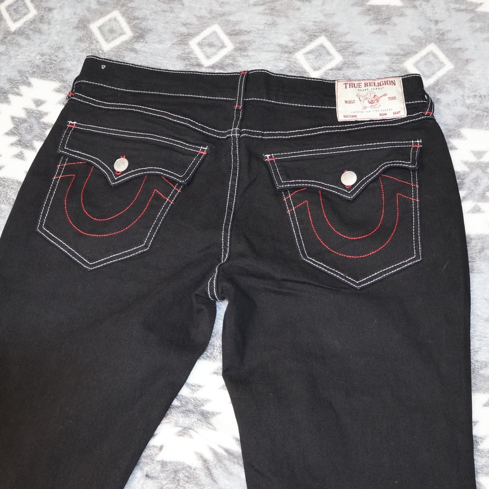 True Religion Rocco Relaxed Skinny Black Jeans Flap Pocket Red Stitch Mens 36x32